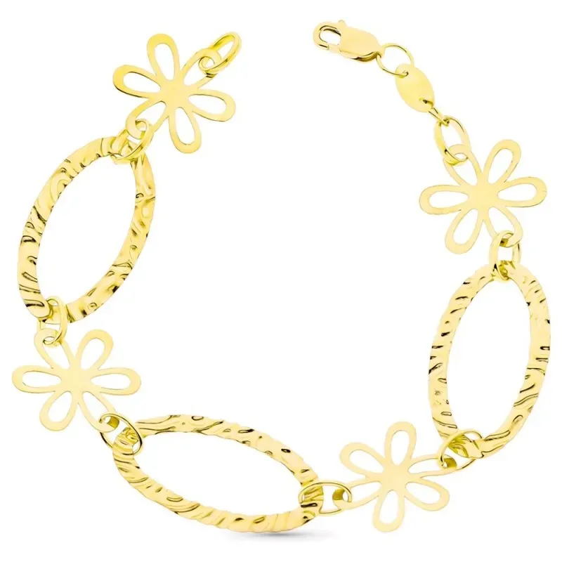 Pulsera oro 18k alterna eslabones labrados ovales flores lisas calada