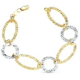 Pulsera oro bicolor 18k alterna 20cm. eslabones labrados ovales redon