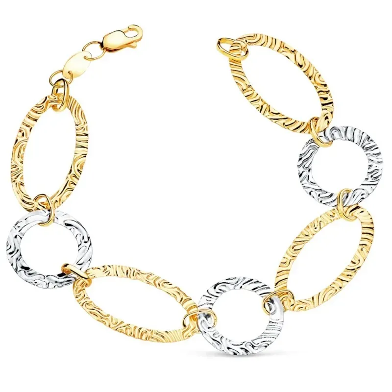 Pulsera oro bicolor 18k alterna 20cm. eslabones labrados ovales redon