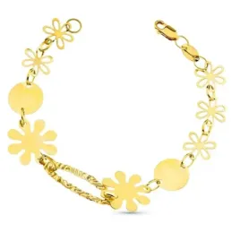 Pulsera oro 18k mujer 19cm. eslabón oval labrado flores chapas cierre