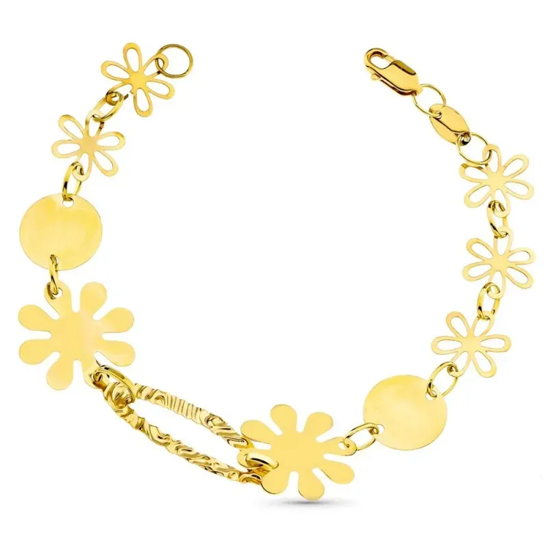 Pulsera oro 18k mujer 19cm. eslabón oval labrado flores chapas cierre