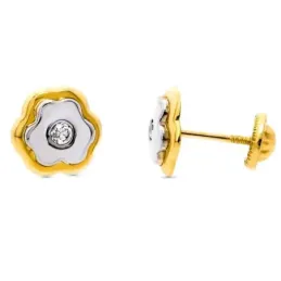 Pendientes oro bicolor 18k niña 8mm. trébol centro circonita cierre t