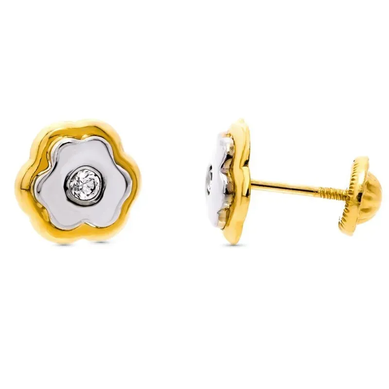 Pendientes oro bicolor 18k niña 8mm. trébol centro circonita cierre t