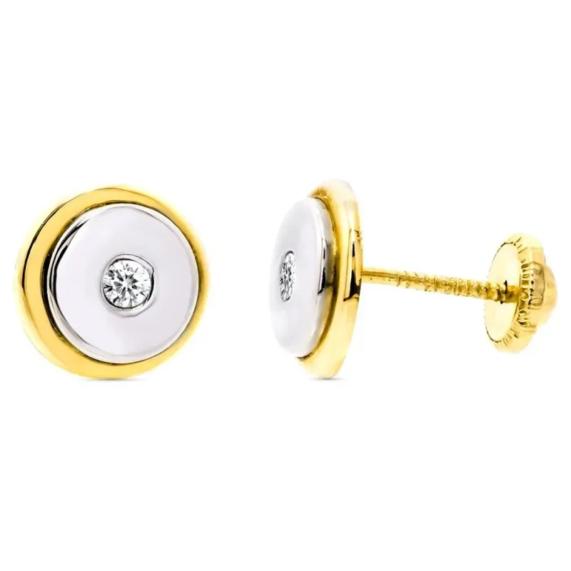 Pendientes oro bicolor 18k niña 8mm. redondos centro circonita cierre
