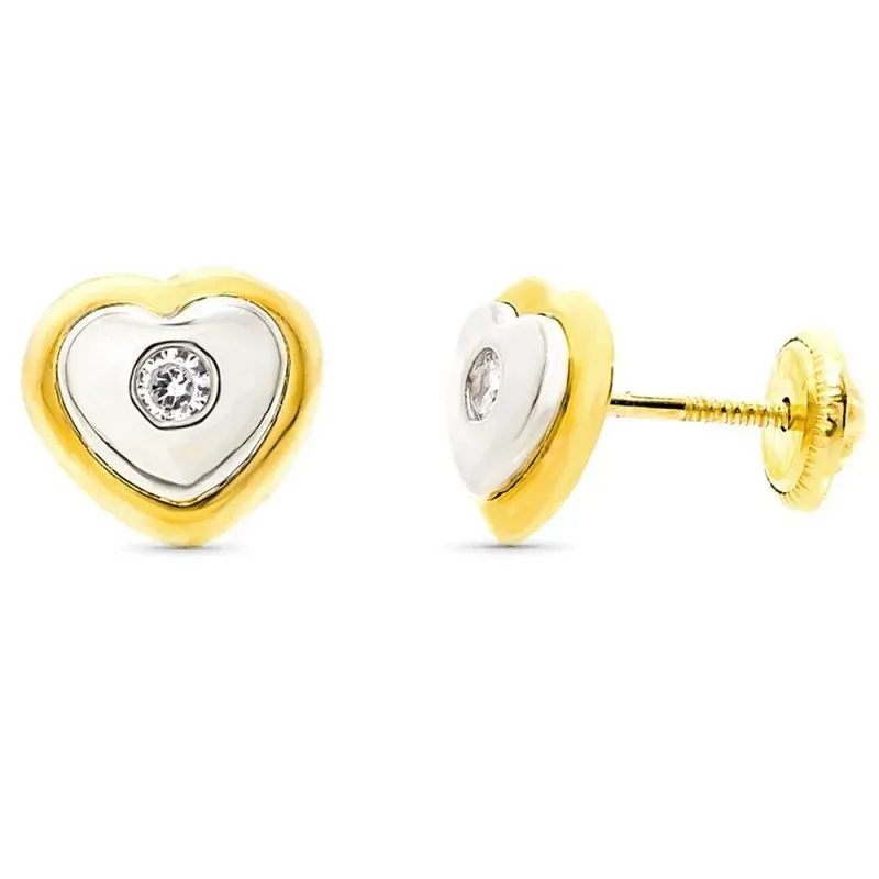 Pendientes oro bicolor 18k niña 8mm.corazón centro circonita cierre t