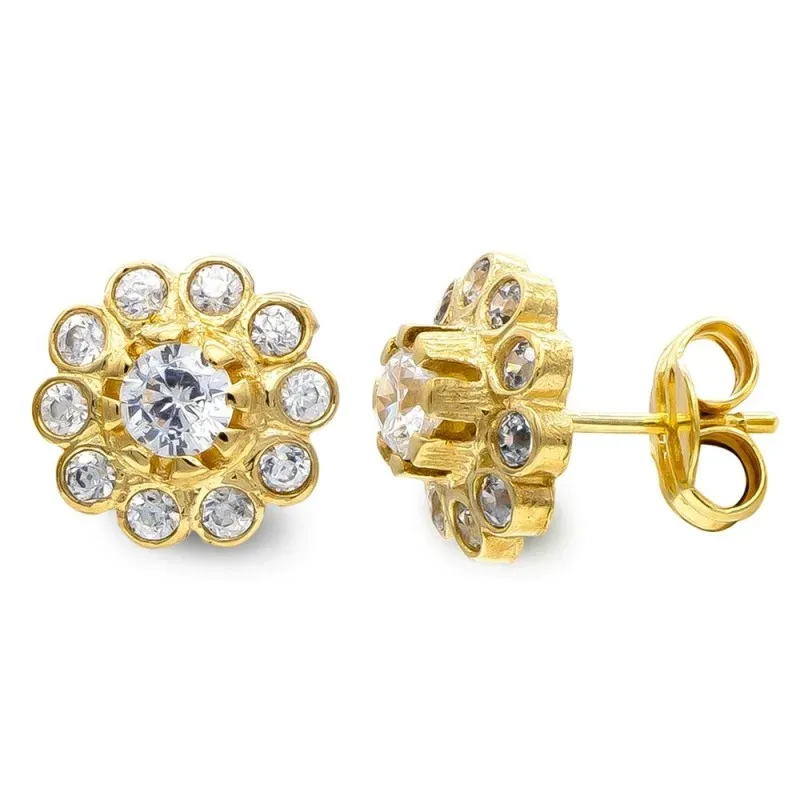 Pendientes oro 18k flor 10mm. cuajo circonitas cierre presión