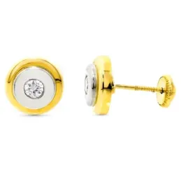 Pendientes oro bicolor 18k niña redondos 9mm. centro circonita cierre