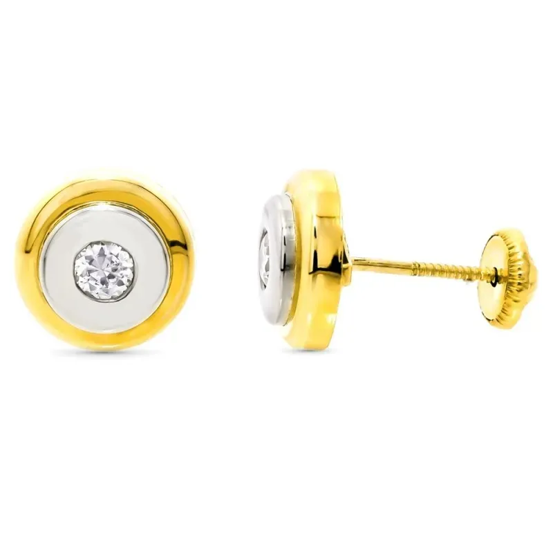 Pendientes oro bicolor 18k niña redondos 9mm. centro circonita cierre