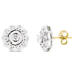 Pendientes oro bicolor 18k mujer 12mm. rosetón circonitas flor cierre