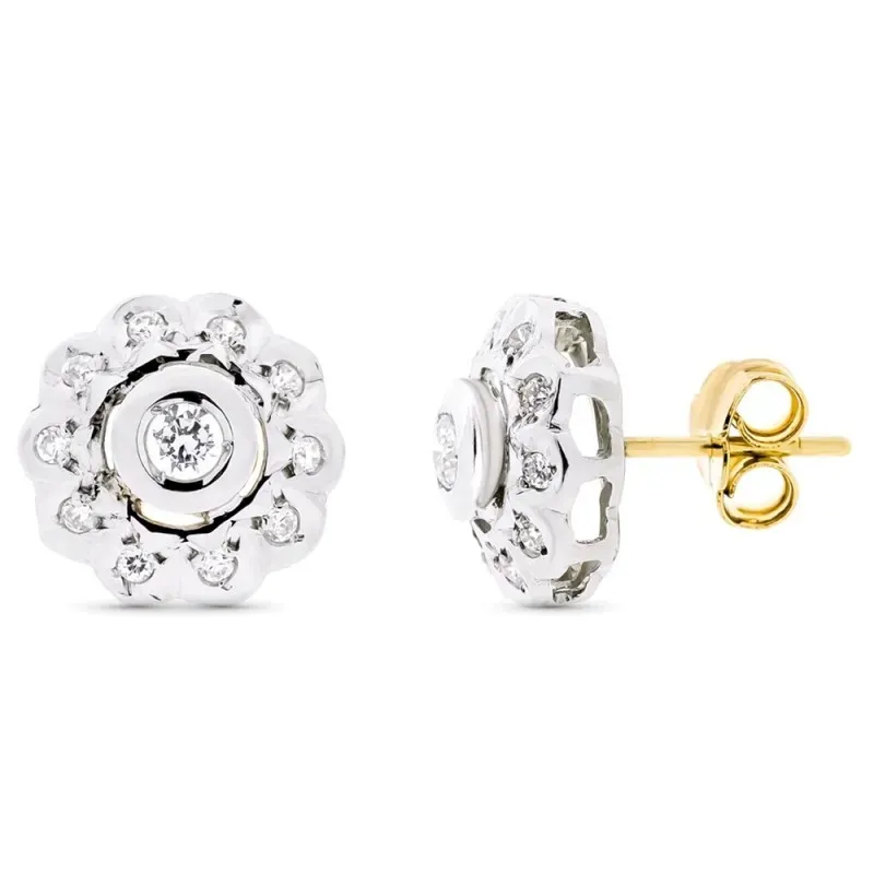 Pendientes oro bicolor 18k mujer 12mm. rosetón circonitas flor cierre