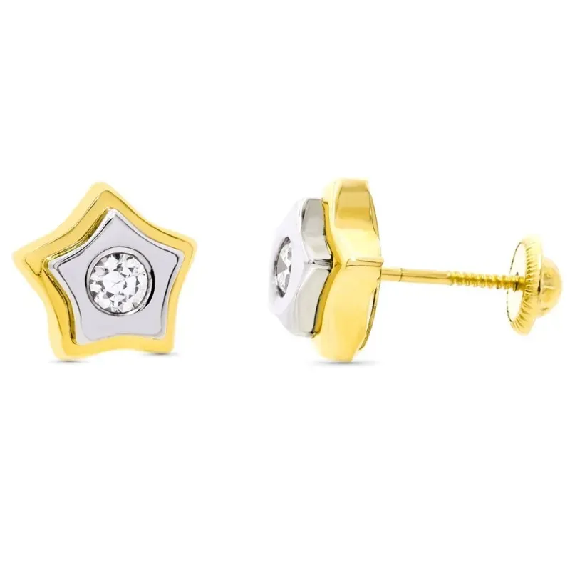 Pendientes oro bicolor 18k niña estrella 9mm. centro circonita cierre
