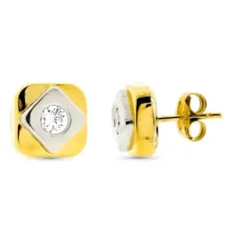Pendientes oro bicolor 18k mujer cuadrados 8mm. centro circonita cier