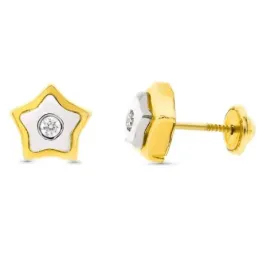 Pendientes oro bicolor 18k niña estrella 8mm. centro circonita cierre