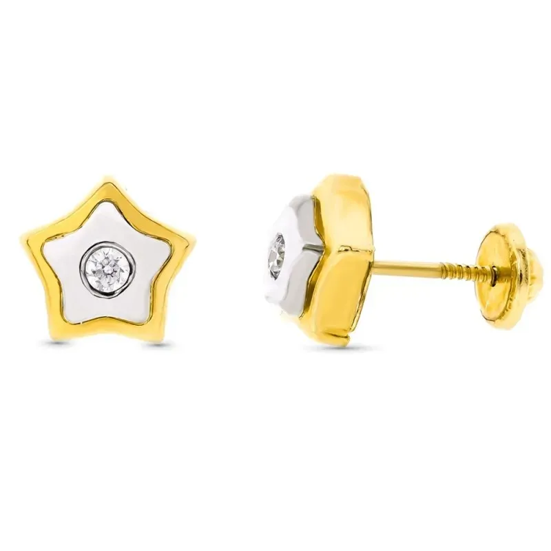 Pendientes oro bicolor 18k niña estrella 8mm. centro circonita cierre