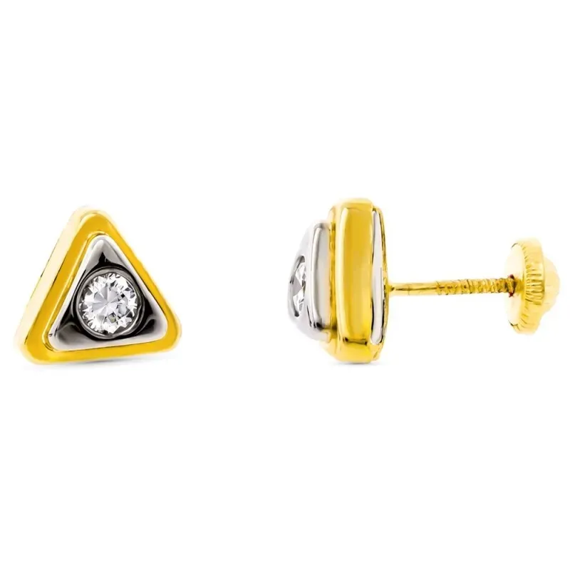 Pendientes oro bicolor 18k niña 8mm. triángulo centro circonita cierr