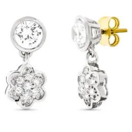 Pendientes oro bicolor 18k mujer 17mm. circonitas flor colgando cierr