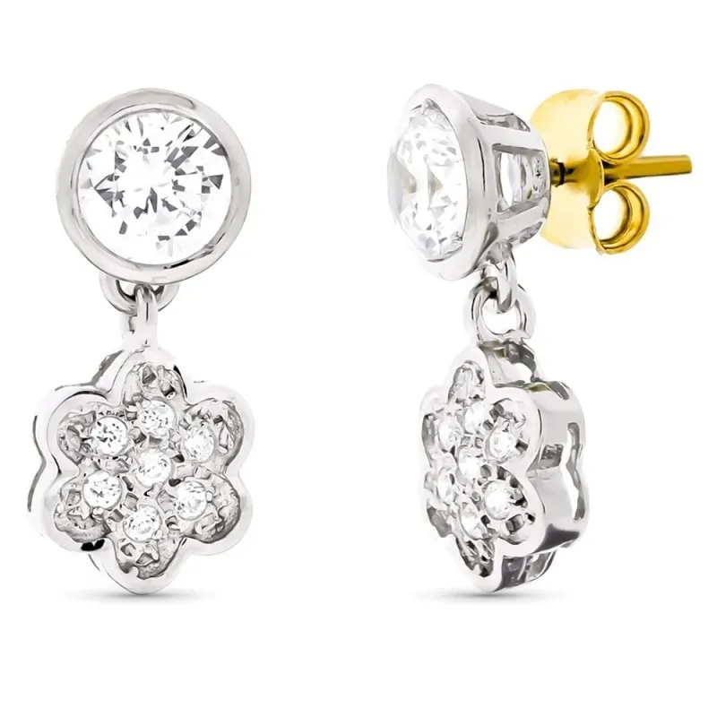 Pendientes oro bicolor 18k mujer 17mm. circonitas flor colgando cierr