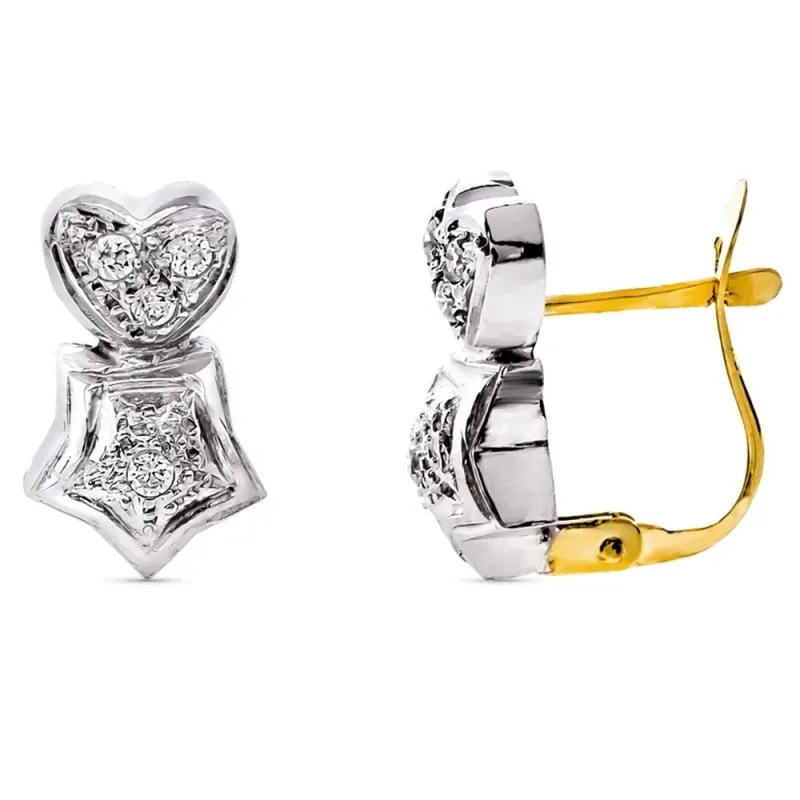 Pendientes oro bicolor 18k tuyyo 13mm. estrella corazón circonitas ci