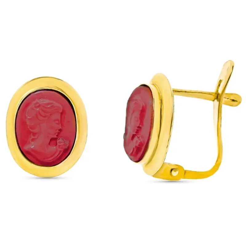 Pendientes oro 18k camafeo coralina 11mm. cierre catalán