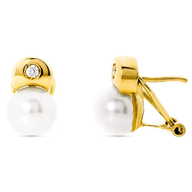 Pendientes oro 18k tuyyo 12mm. perla cultivada circonita cierre omega