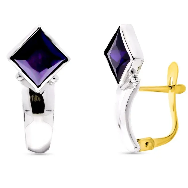 Pendientes oro bicolor 18k mujer lisos piedra rombo morada cierre cat