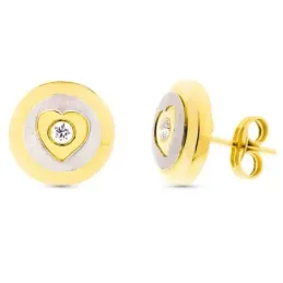 Pendientes oro bicolor 18k mate brillo 11mm. centro corazón circonita