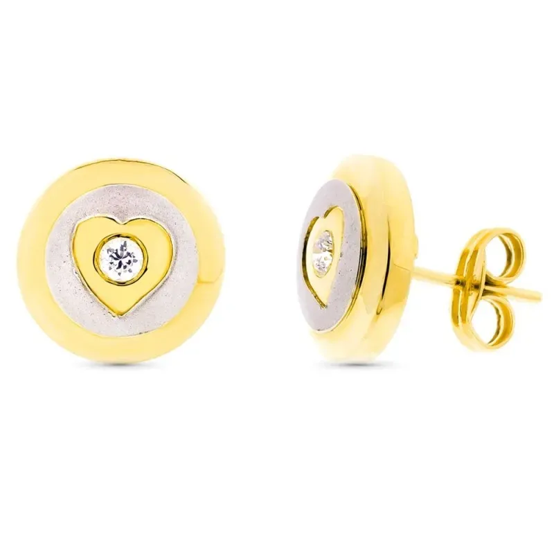 Pendientes oro bicolor 18k mate brillo 11mm. centro corazón circonita