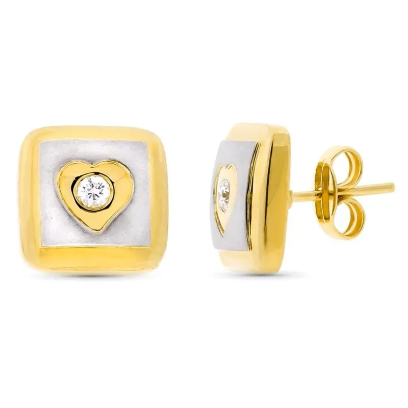 Pendientes oro bicolor 18k mate brillo 11mm. cuadrados centro corazón