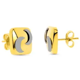 Pendientes oro bicolor 18k cuadrados detalle lunas lisos cierre presi