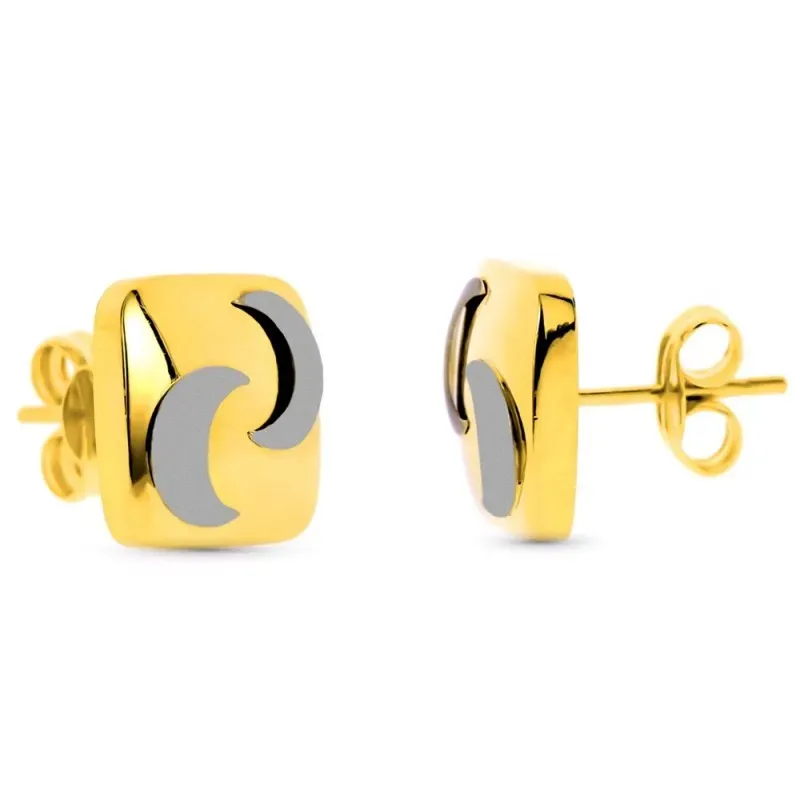 Pendientes oro bicolor 18k cuadrados detalle lunas lisos cierre presi
