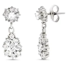 Pendientes oro blanco 18k largos 21mm. circonitas forma lágrima colga