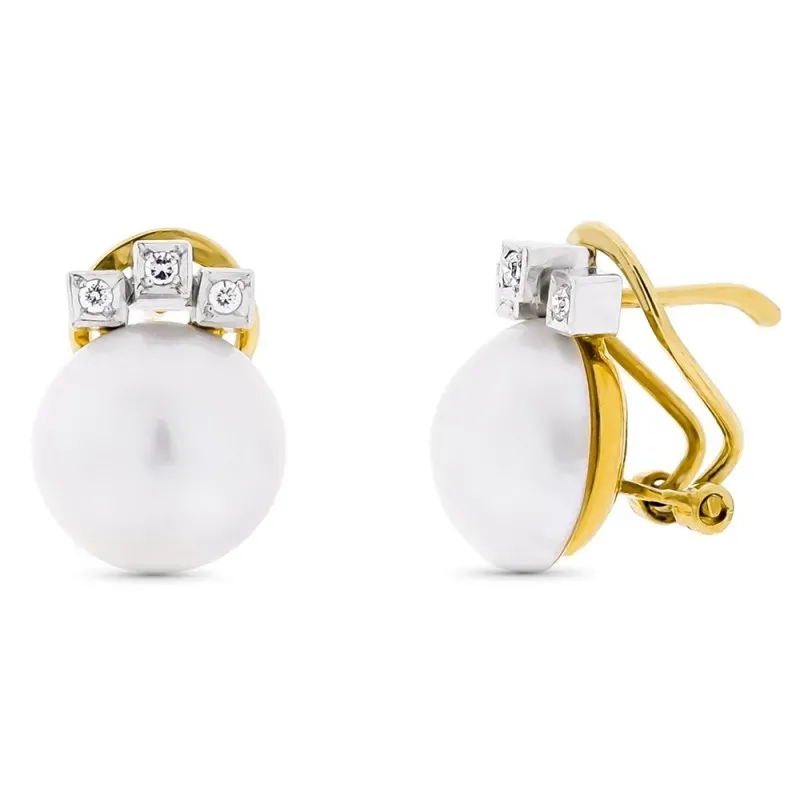 Pendientes oro bicolor 18k perla cultivada japonesa 10-12mm. circonit