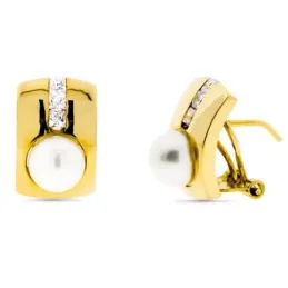 Pendientes oro 18k rectangulares 14mm. perla cultivada carril circoni