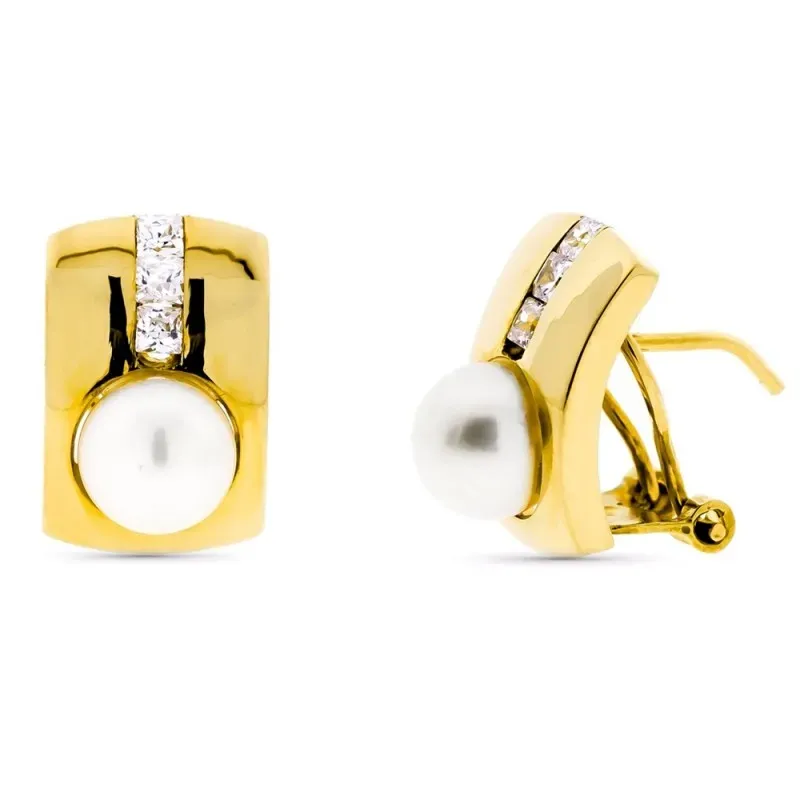 Pendientes oro 18k rectangulares 14mm. perla cultivada carril circoni