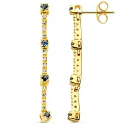 Pendientes oro 18k largos barra zafiros circonitas cierre presión