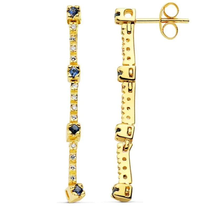 Pendientes oro 18k largos barra zafiros circonitas cierre presión