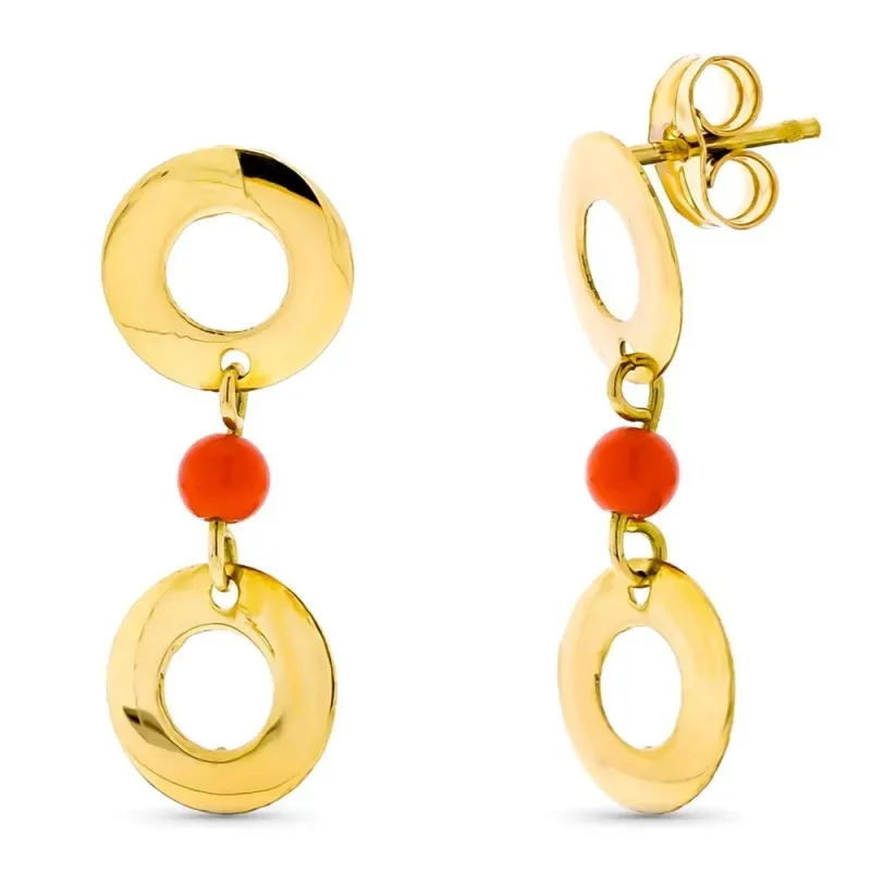 Pendientes oro 18k largos dos círculos bola 3mm. coralina cierre pres