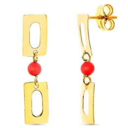 Pendientes oro 18k largos dos rectángulos bola 3mm. coralina cierre p