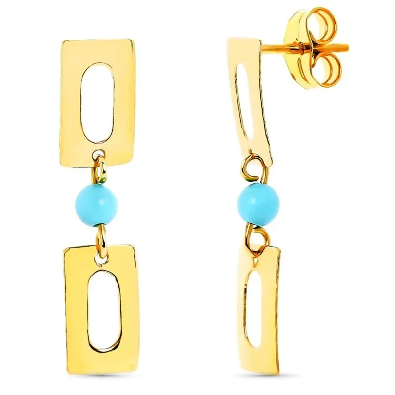 Pendientes oro 18k largos dos rectángulos bola 3mm. turquesa reconsti