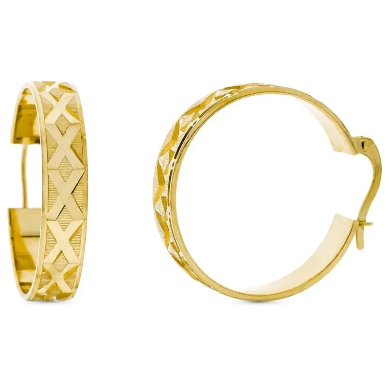 Pendientes oro 18k aros 23mm. macizos detalle cruces tallados