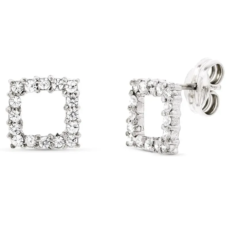 Pendientes oro blanco 18k cuadrado 9mm. calado cerco circonitas cierr
