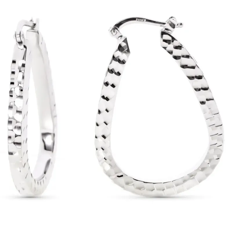 Pendientes oro blanco 18k aros forma gota 34mm. detalles tallados