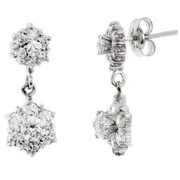 Pendientes oro blanco 18k largos 19mm. flor cuajo circonitas garras c