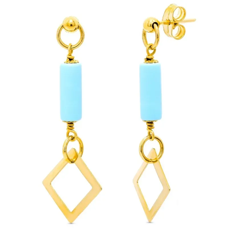 Pendientes oro 18k mujer barra turquesa reconstituida rombos calados