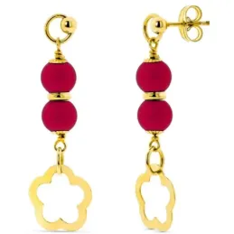 Pendientes oro 18k mujer bolas 6mm. coralina flor calada colgando cie