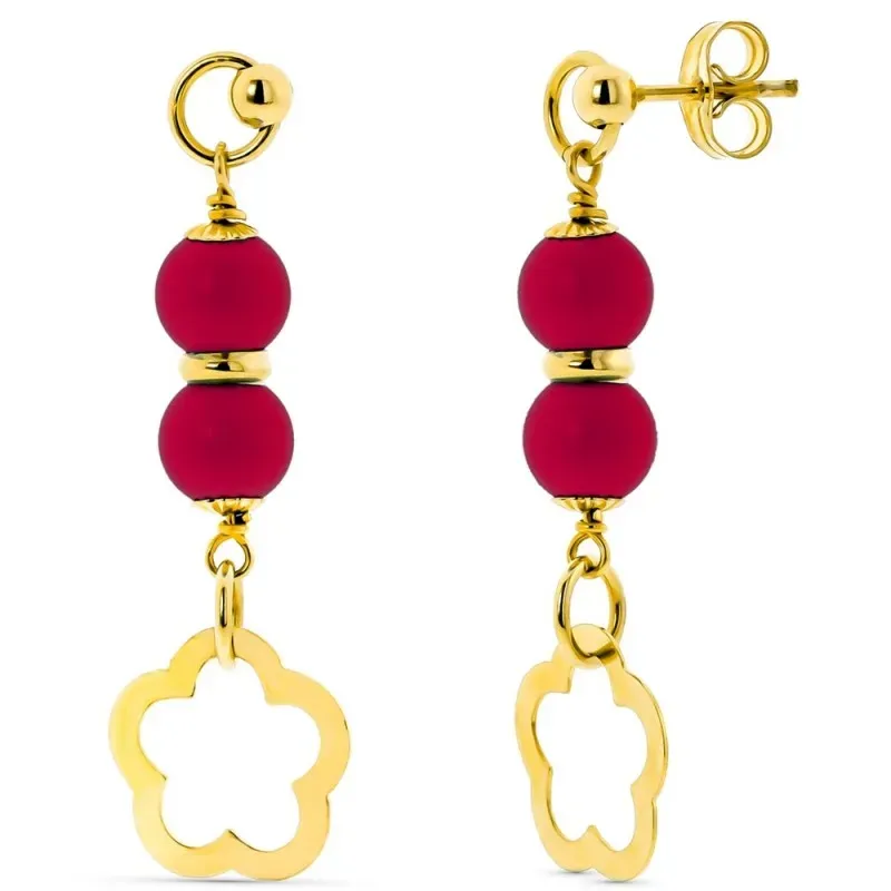 Pendientes oro 18k mujer bolas 6mm. coralina flor calada colgando cie