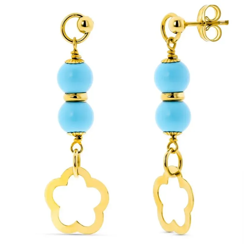 Pendientes oro 18k mujer bolas 6mm. turquesa reconstituida flor calad