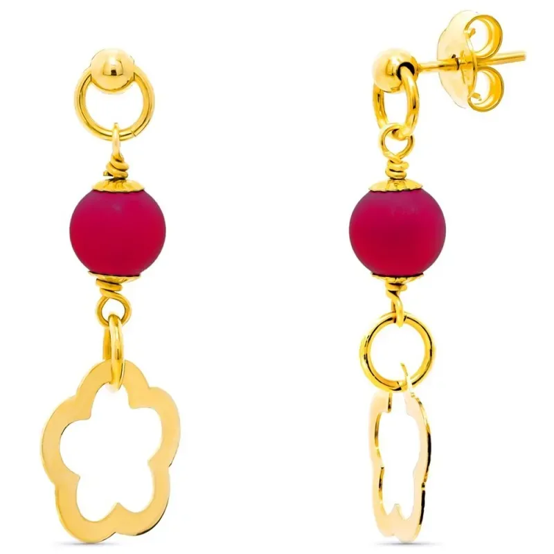 Pendientes oro 18k mujer bola 6mm. coralina flor calada colgando cier