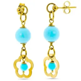 Pendientes oro 18k mujer bolas 6mm. turquesa reconstituida flor colga