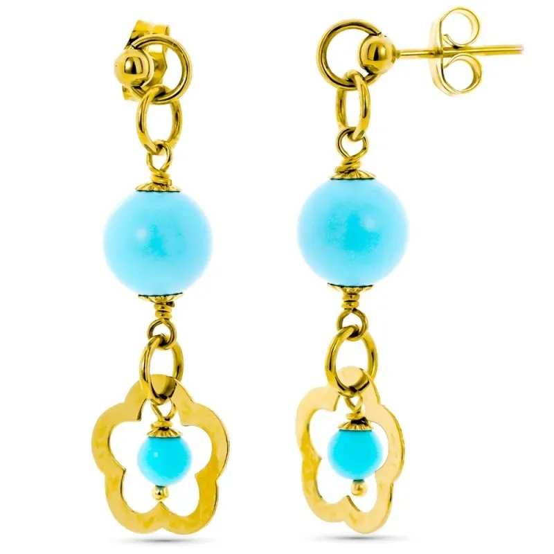 Pendientes oro 18k mujer bolas 6mm. turquesa reconstituida flor colga